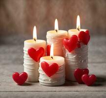 AI generated Valentine's Day candles with red hearts on wooden background. photo