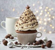 AI generated Chocolate cupcake with chocolate cream and burning candles on a brown background photo