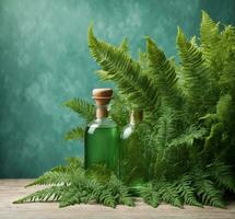 AI generated Bottles with essential oil and fern leaves on table against a color background photo