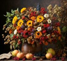 AI generated Autumn bouquet in vase on wooden table with apples and berries photo