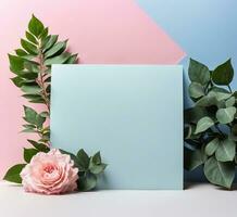 AI generated Flowers composition. Frame made of eucalyptus branches on pastel background. Flat lay, top view, copy space photo