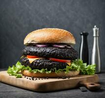 ai generado delicioso negro hamburguesa con carne de vaca empanada, queso, tomate y lechuga foto