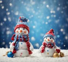 AI generated Snowman family on snow. Christmas and New Year holidays background. photo