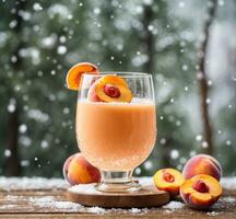 AI generated Peach smoothie in glass with fresh peaches on a wooden table photo