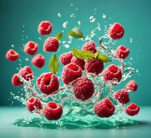 AI generated Raspberries falling into water with splashes on an aqua background photo