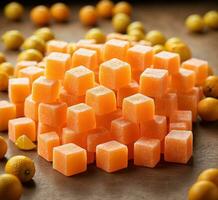 AI generated Citrus fruit cubes on rustic wooden table, selective focus photo