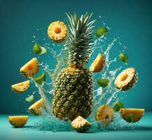 AI generated Fresh pineapple falling into the water with a splash on a turquoise background photo