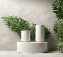 AI generated 3d render of the white podium for product presentation with palm leaves. photo