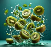 ai generado kiwi Fruta salpicaduras en agua en un turquesa antecedentes foto