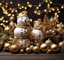 AI generated Snowman and Christmas decorations on a wooden background. Christmas greeting card. photo
