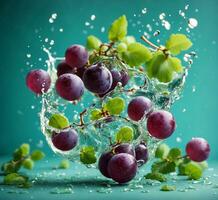 AI generated Grapes with leaves and water splash on a turquoise background photo