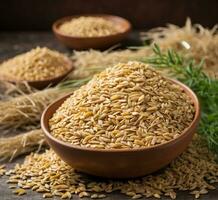 AI generated Pile of wheat grains in bowl on wooden background, selective focus photo