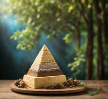 AI generated Piece of cheese cake on a wooden table with a blurred background photo