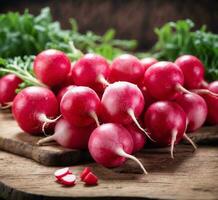 AI generated Fresh radishes on a wooden board. Selective focus. Rustic style. photo