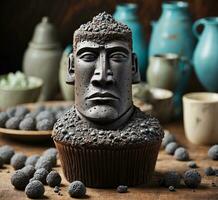 AI generated Buddha face and chocolate cupcake with truffles on wooden table photo