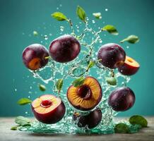 AI generated Fresh plums fall into the water with splash on turquoise background photo