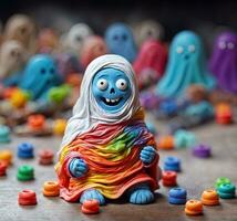 AI generated Halloween holiday concept. Colorful Plasticine figures on a wooden background photo