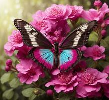 AI generated Beautiful butterfly on pink flowers, close-up. Nature background photo