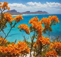 AI generated Coastal landscape with yellow flowers in the foreground, Cape Town, South Africa photo