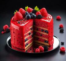 AI generated Piece of red velvet cake decorated with fresh berries on a black background photo