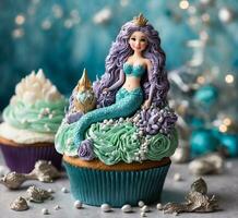 AI generated Cupcake with a mermaid on the top and blue backgrund. photo