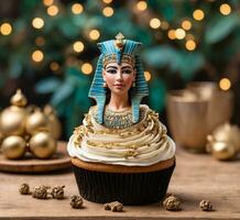 AI generated Cupcake with egyptian godess on the background of the Christmas tree photo