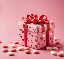 AI generated Valentine's day gift box with hearts on pink background. photo