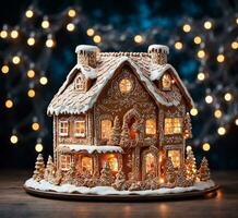 AI generated Christmas gingerbread house on a dark background. Free space for text. photo