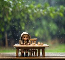 ai generado muñeca en el lluvia en madera mesa con borroso verde antecedentes. foto