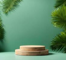 AI generated Wooden podium on green background with palm leaves. 3d render photo