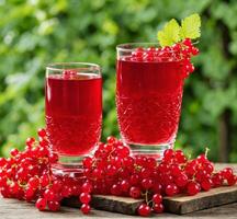 AI generated Two glasses of red currant juice with fresh berries on wooden table in garden photo
