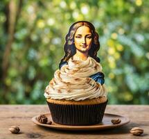AI generated Cupcake with a statue of the Virgin Mary on a wooden table photo