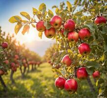 ai generado manzana árbol con maduro rojo manzanas en huerta a puesta de sol. hermosa natural antecedentes foto