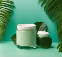 AI generated Jar of cosmetic cream and palm leaves on a dark background, top view photo