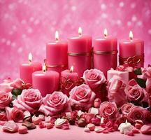 AI generated Pink candles and roses on pink background, valentines day concept photo