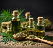 AI generated Cannabis oil in small bottles with hemp leaves on a wooden background photo