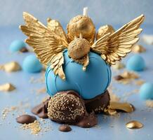 AI generated Blue chocolate candies with angel wings and chocolate balls on a blue background photo