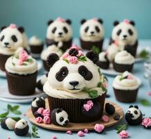 AI generated Cupcakes decorated with panda bear and flowers on blue background photo