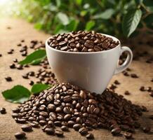 AI generated Coffee beans in a cup on a wooden background with green leaves photo