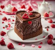 AI generated Chocolate cake with strawberries and whipped cream on a white plate on a pink background photo