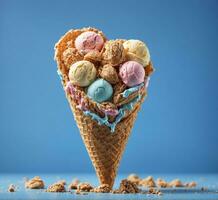 AI generated Ice cream cone with colorful ice creams on blue background, close up photo