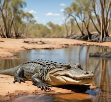 ai generado cocodrilo a un pozo de agua en del Norte territorio, Australia foto