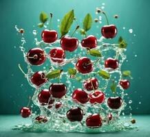 AI generated Cherries in water with drops and splashes on green background photo