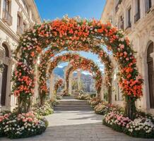 Wedding arch decorated with colorful flowers in Balboa Park, San Diego, California photo