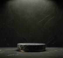 AI generated Black marble podium on dark marble background, 3d render illustration. photo