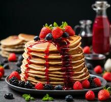 AI generated Stack of pancakes with fresh berries and maple syrup, selective focus. photo