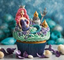 AI generated Cupcake with a mermaid on the top and blue backgrund. photo