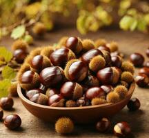 AI generated Horse chestnuts in bowl on wooden table, closeup view photo