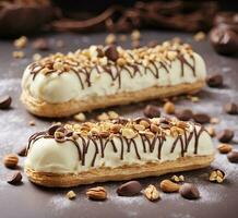 AI generated Chocolate eclairs with whipped cream and chocolate shavings photo