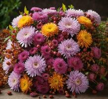 AI generated A bouquet of colorful autumn chrysanthemums on wooden background photo